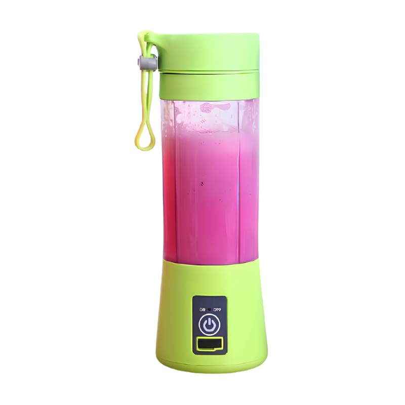 Frullatore portatile con USB ricaricabile, contenitore trasparente verde con smoothie rosa.