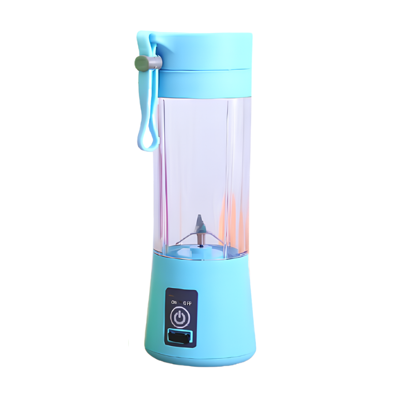 Frullatore portatile USB ricaricabile, per smoothie di frutta, design azzurro compatto.