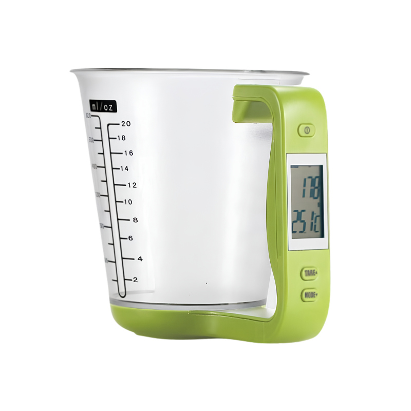 Tazza dosatrice elettronica con bilancia digitale e display LCD integrato nel manico verde.