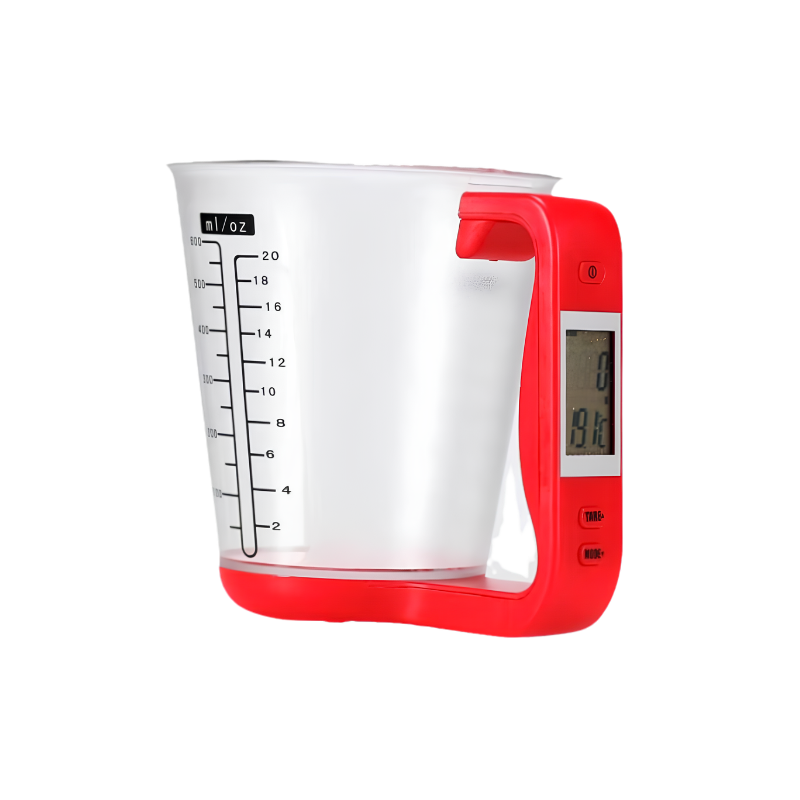 Vaso graduato con bilancia digitale e display LCD integrato nel manico, converte 5 ingredienti preset da oz a tazze