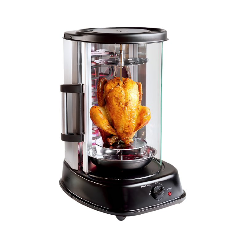 Rotisserie elettrica domestica a vetro, pollo intero dorato, senza fumo, 1500W, 220V, nero.