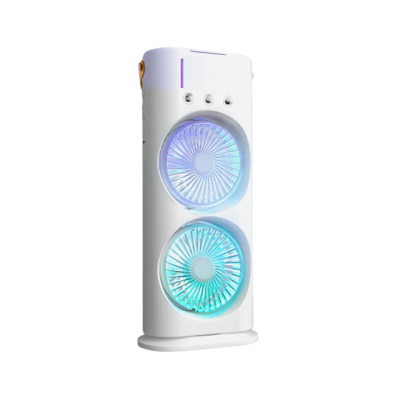Ventilatore doppio portatile con umidificatore a spruzzo USB, luci ambientali colorate e due ventole verticali.