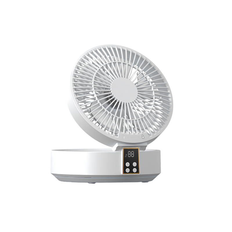 Ventilatore da tavolo pieghevole, ricaricabile, telecomando incluso, luce notturna e display digitale.