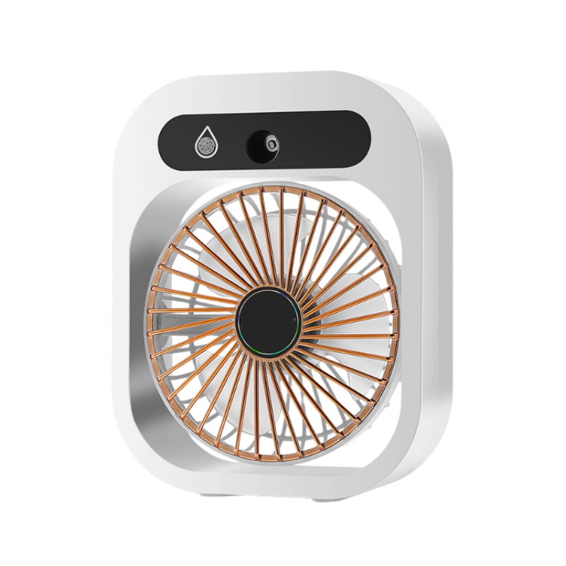 Ventola da tavolo 2 in 1: nebulizzatore USB ricaricabile, 3 velocità, raffreddamento a nebbia, direzione regolabile.