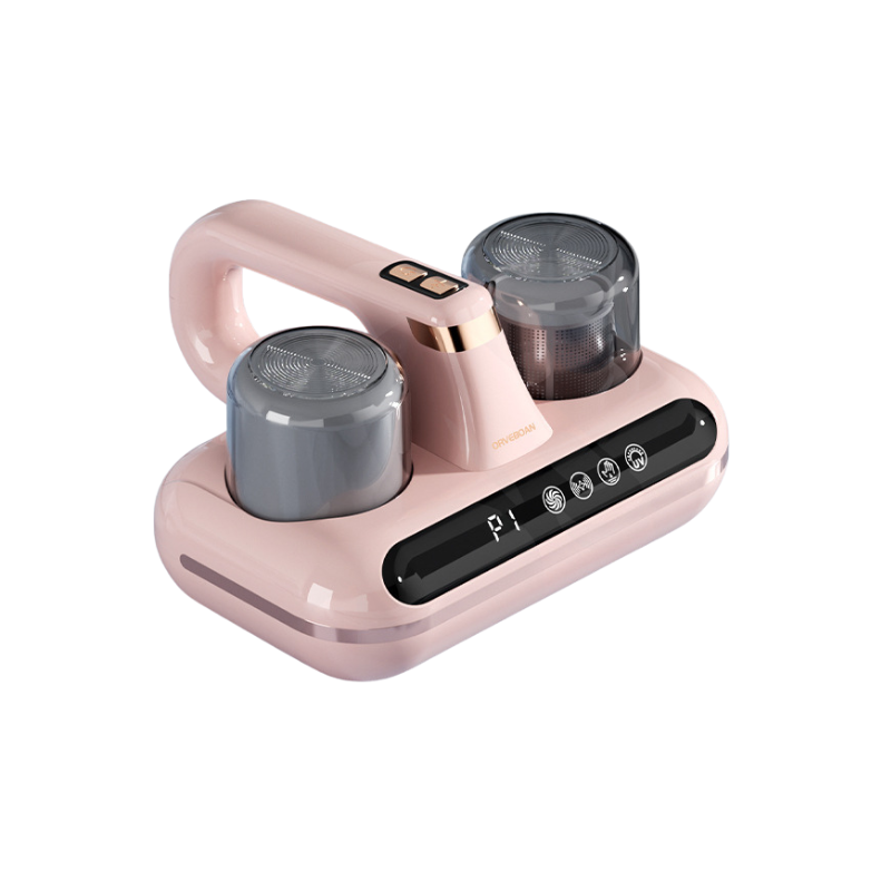 Aspirapolvere cordless maneggevole, rosa, con due serbatoi rotondi e display digitale, rimuove acari da materassi e cuscini.