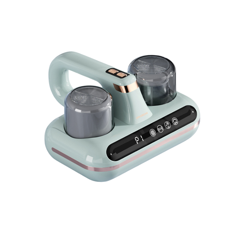 Aspirapolvere portatile per materassi e cuscini, rimozione acari, design a doppia unità, colore verde menta.