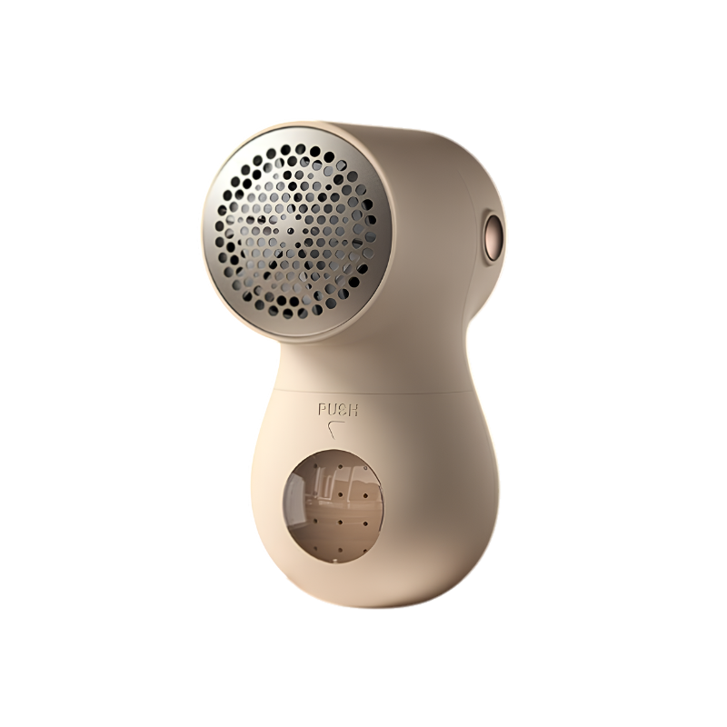 Rasatore per pelucchi elettrico portatile con display LED, ricarica USB, corpo dorato e contenitore trasparente.
