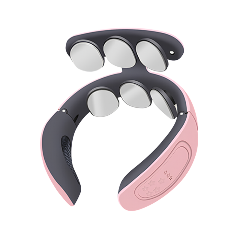 Massaggiatore cervicale domestico portatile a sei testine, USB, per collo, riscaldante, rosa/grigio.