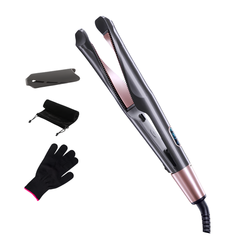 Piastra 2 in 1 per capelli lisci e ricci in ceramica tourmalina, anti‑static, con guanto e accessori.