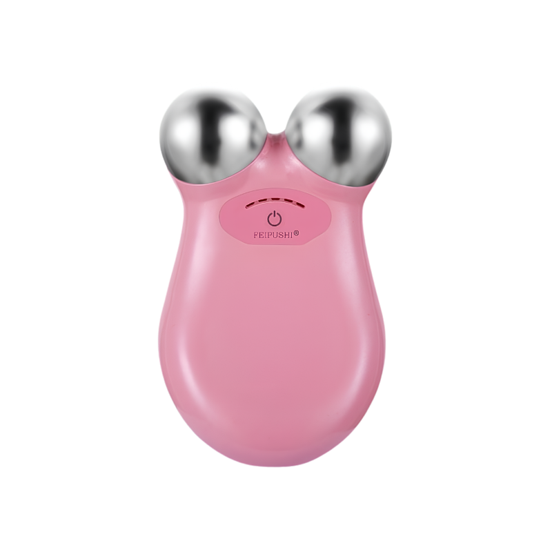 Massaggiatore facciale EMS a microcorrente, rosa, con teste sferiche metalliche argentate
