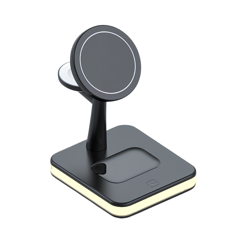 Supporto di ricarica wireless magnetico 4 in 1 su base nera, docking rapido per più dispositivi.