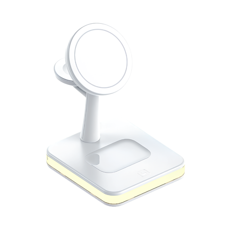 Stazione di ricarica wireless magnetica 4-in-1 con supporto circolare e base bianca per ricarica rapida.