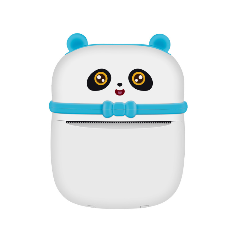Stampante termica mini Bluetooth per foto, panda bianco con fascia azzurra.
