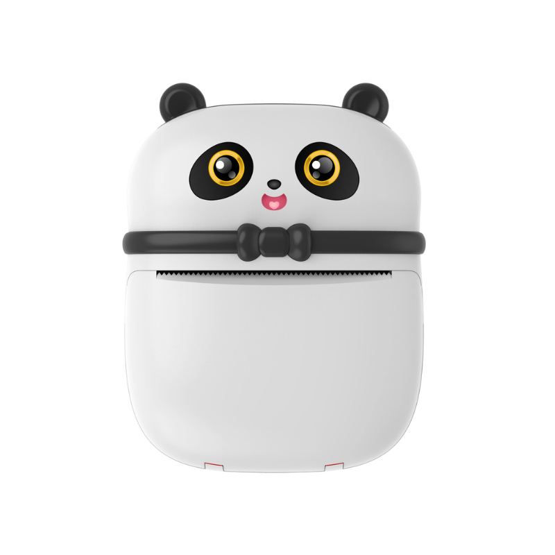 Stampante termica mini Bluetooth per foto, design panda bianco con orecchie nere e fiocco.