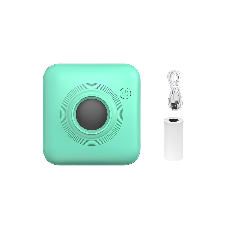 Stampante fotografica portatile verde menta, pulsante di accensione, cavo USB e rotolo di carta inclusi.