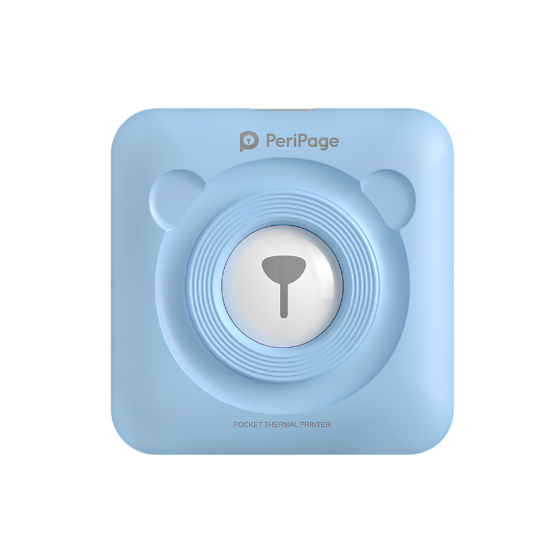 Stampante termica portatile Bluetooth PeriPage, corpo quadrato blu con anello circolare al centro.