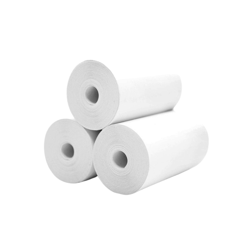 Tre rotoli di carta termica bianchi per stampante termica mini Bluetooth, etichette e foto.