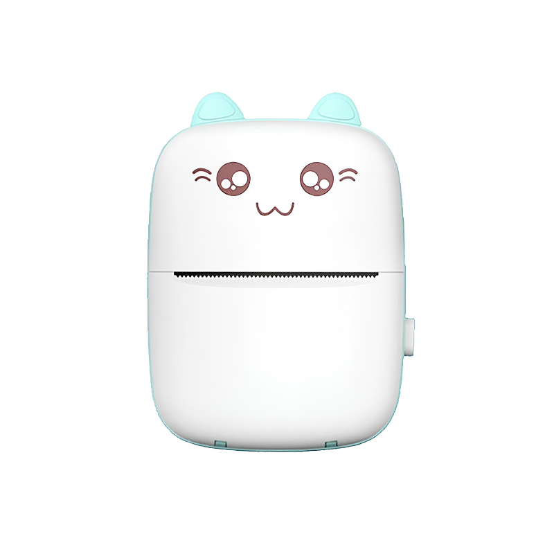 Stampante mini portatile Bluetooth/WiFi bianca con orecchie azzurre e faccina kawaii.