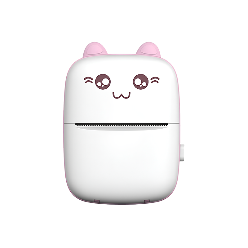 Mini stampante portatile bianca con orecchie rosa e faccina kawaii, stampa foto e note via Bluetooth/WiFi.