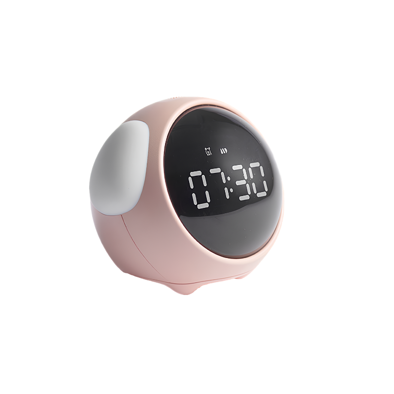 Sveglia digitale rosa con display LED, funzione snooze, luce notturna e design pixelato per la casa.