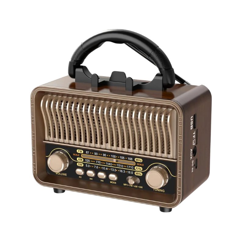 Radio portatile retrò con manico, AM/FM/SW, ricarica USB/AUX e antenna. Perfetta per casa o emergenze.