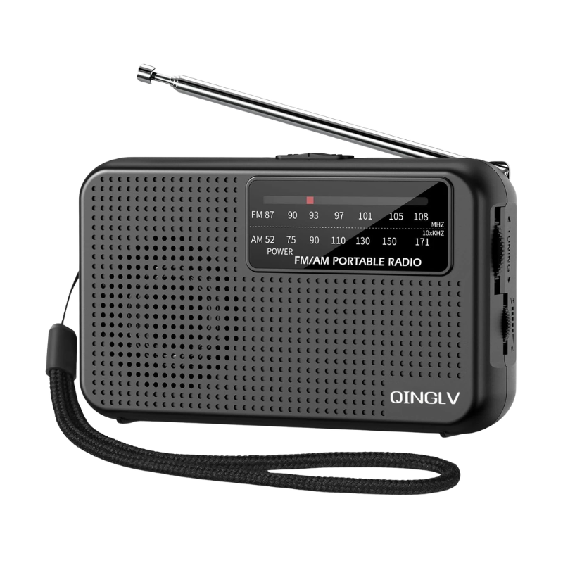 Mini radio portatile AM/FM nera con antenna e cordone, compatta per running, passeggiate e uso di emergenza.