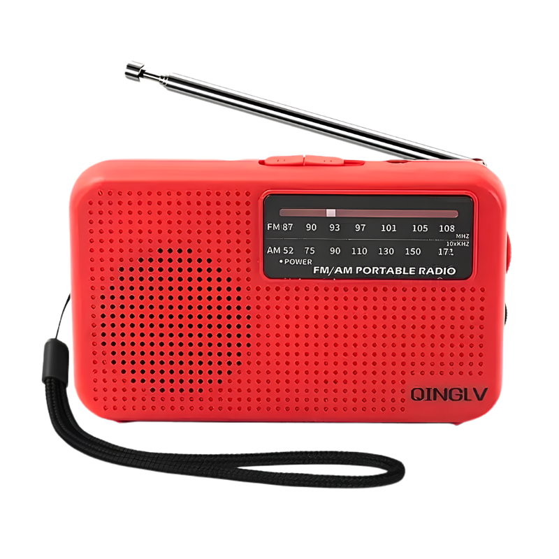 Mini radio portatile rossa AM/FM con antenna e cordino, compatta e leggerissima ideale per sport, passeggiate e-usi d'emergenza.