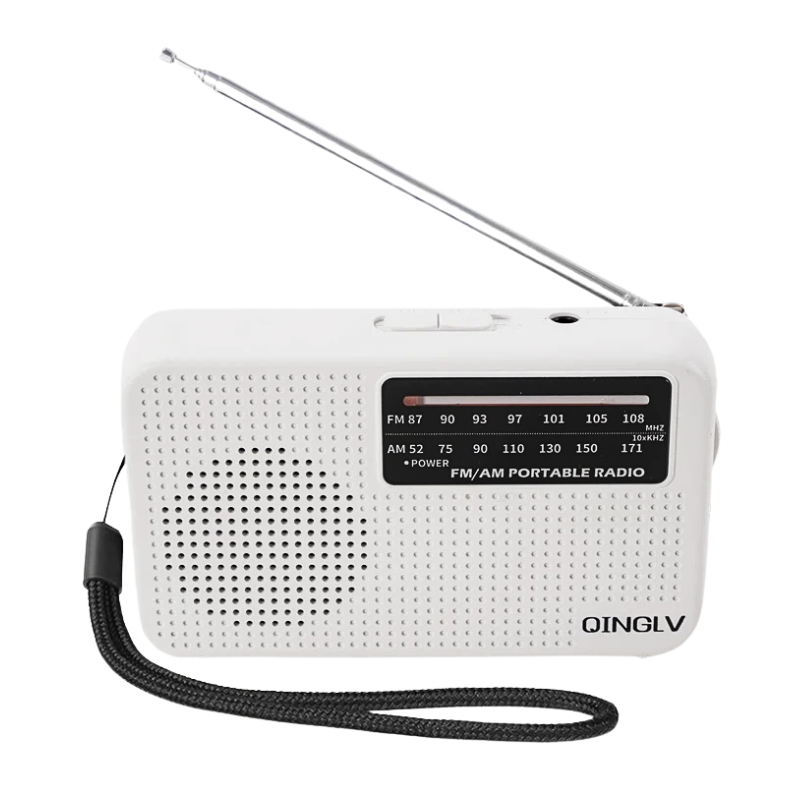 Mini radio portatile bianca FM/AM con antenna regolabile, corda di sicurezza e display frequenza, compatta per esterno ed emergenze.