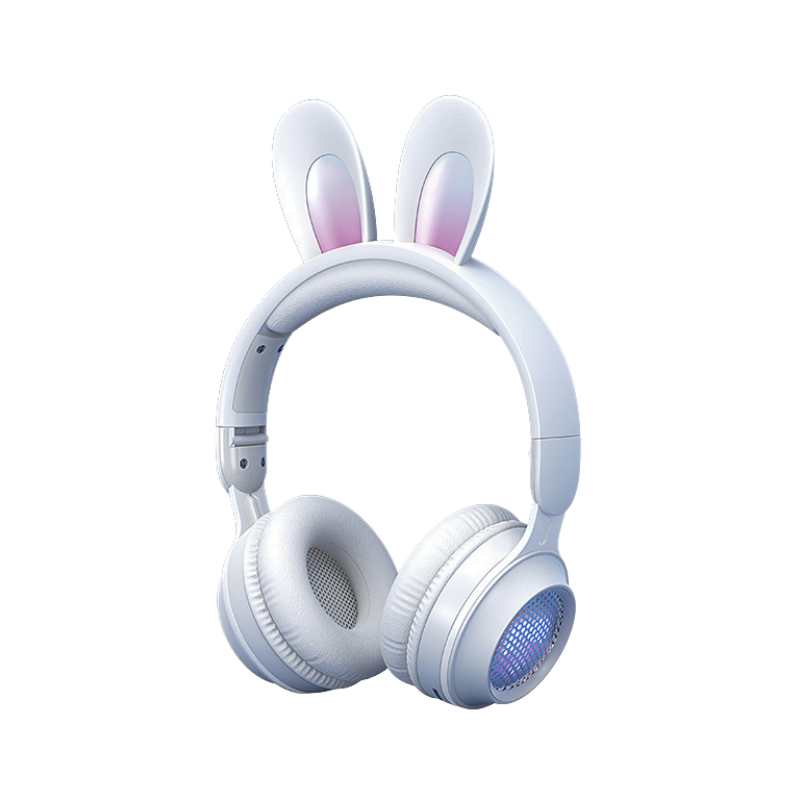 Cuffie wireless con orecchie da coniglio, luci luminose, bluetooth 5.0, stereo bilaterale, bianco e rosa.