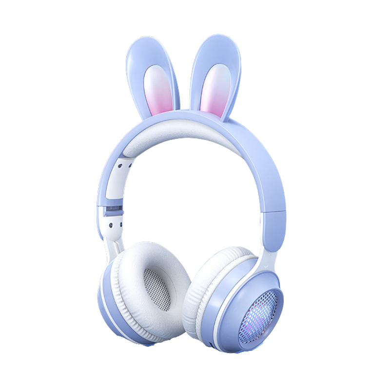 Cuffie wireless con orecchie di coniglio, design estensibile, bluetooth 5.0, stereo e illuminazione color lavanda e bianco.