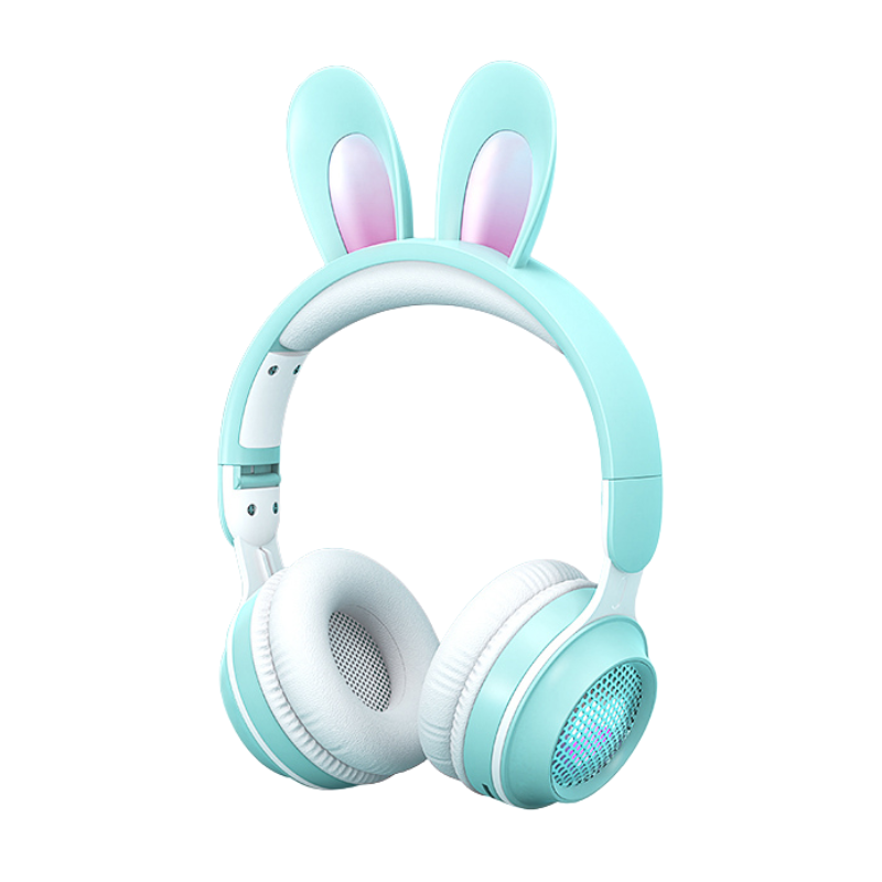Cuffie wireless con orecchie da coniglio luminose, bluetooth 5.0, stereo e regolabili, colore azzurro con dettagli rosa.