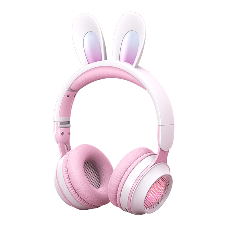 Cuffie wireless auricolari coniguole da coniglio rosa, Bluetooth 5.0 binaurali, luminose e estendibili.