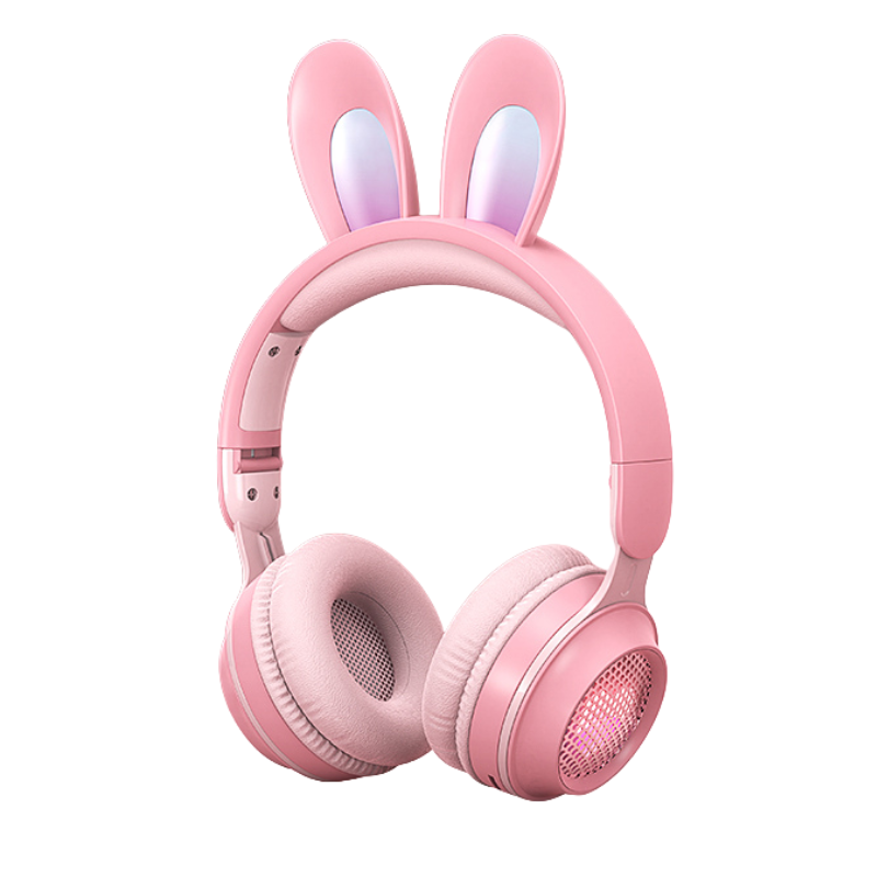 Cuffie wireless rosa con orecchie di coniglio luminose, Bluetooth 5.0, stereo e display batteria.