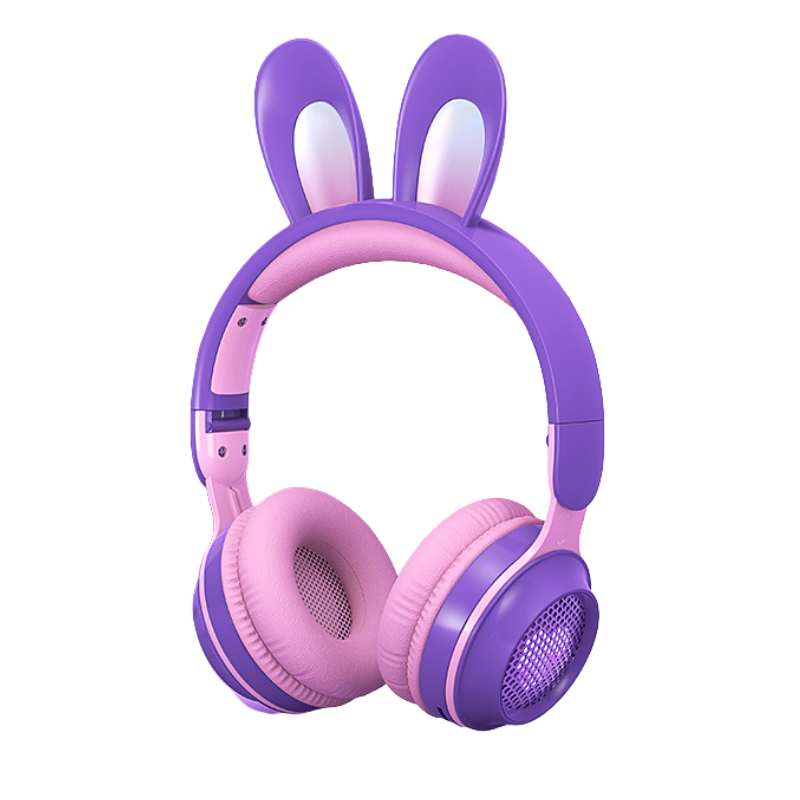 Cuffie wireless con orecchie da coniglio, colore viola e rosa, Bluetooth 5.0, stereo, auricolari luminosi estensibili.