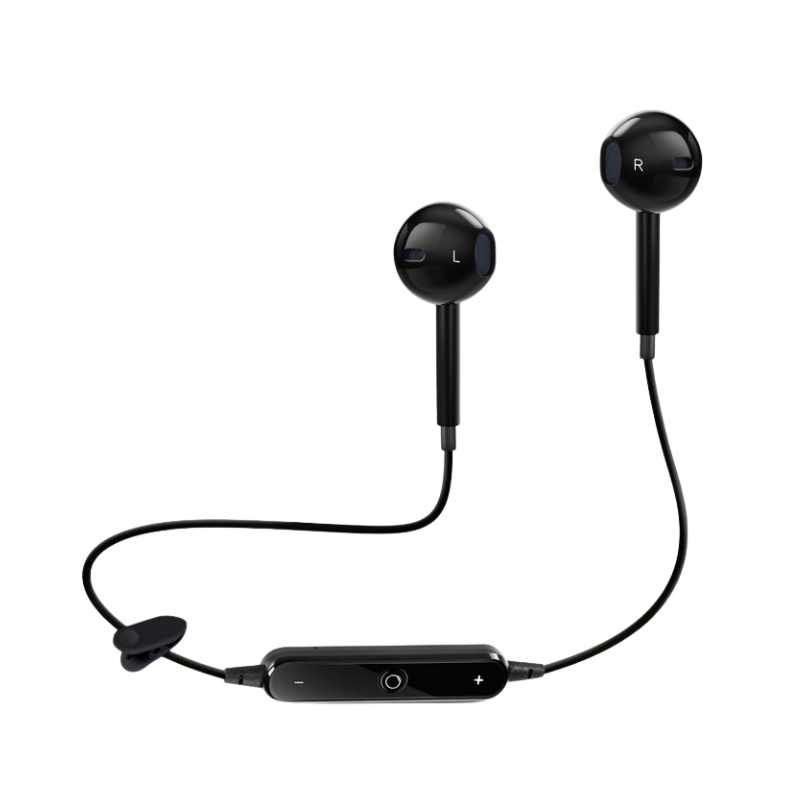 Cuffie wireless Bluetooth V4.1 stereo con microfono, auricolari in-ear neri con clip e controllo musicale, ideali per sports e uso quotidiano.