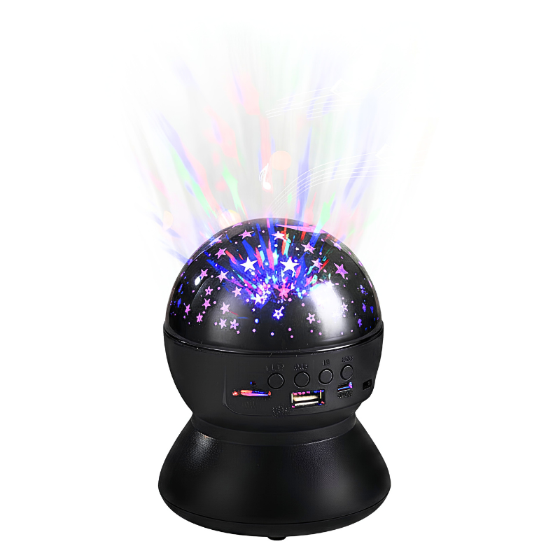 Proiettore audio Bluetooth con luce LED colorata a forma di sfera, ideale per feste e home audio. Include porte USB e slot SD.