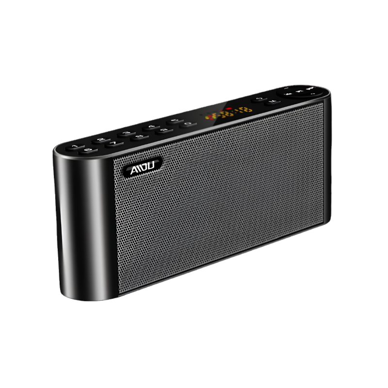 Altoparlante Bluetooth portable nero con radio, interfaccia USB e display digitale per audio Hi-Fi.