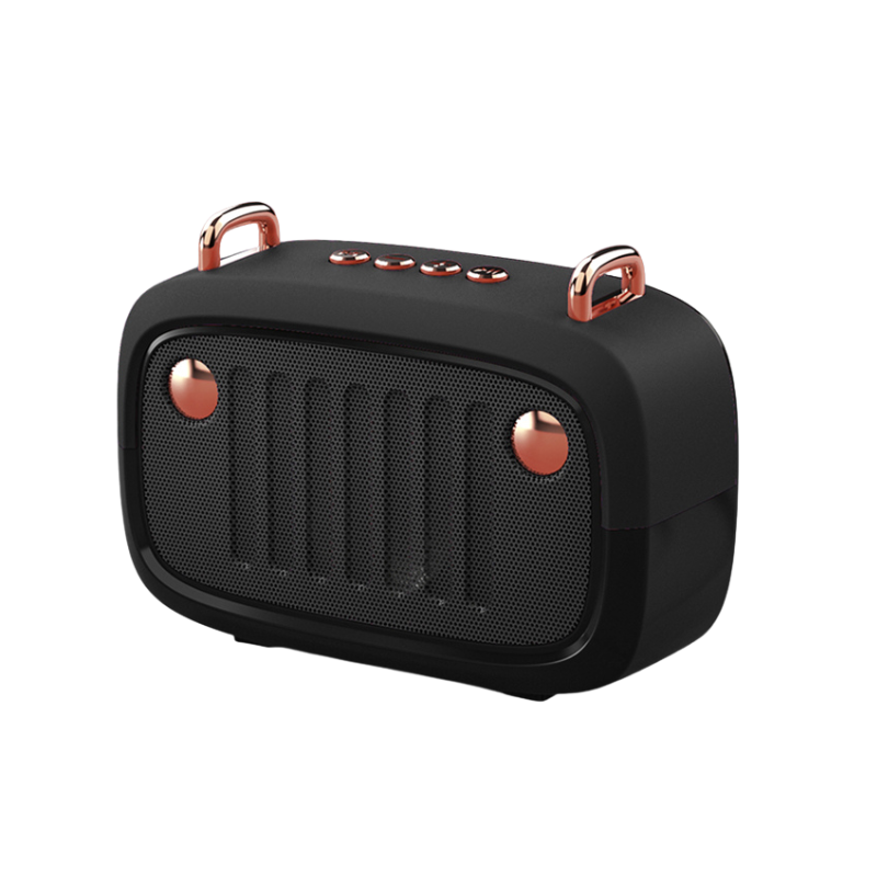 Minialtoparlante wireless Bluetooth nero con dettagli oro rosa, subwoofer portatile FM, audio HI-FI e ricarica USB.