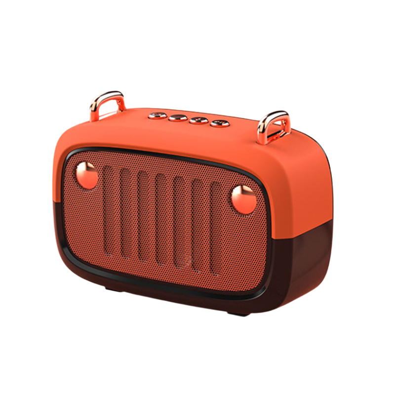 Altoparlante Bluetooth portatile arancione con design cartoon, subwoofer esterno, radio FM e sound HIFI.