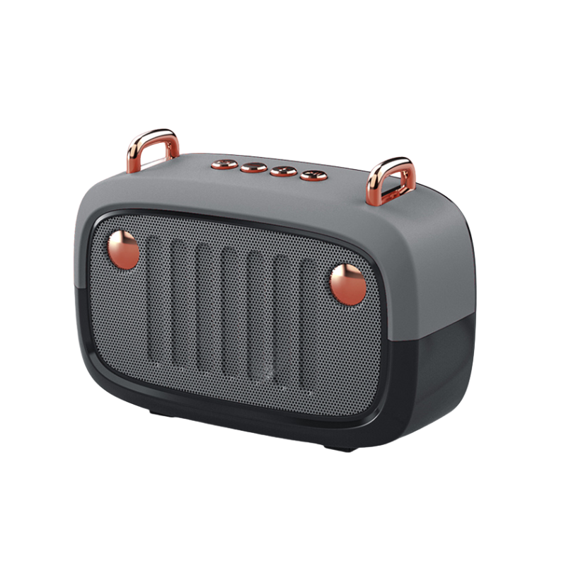 Altoparlante portatile Bluetooth grisargento con maniglie rosse, design cartoon, subwoofer mini e radio FM per musica HI-FI.