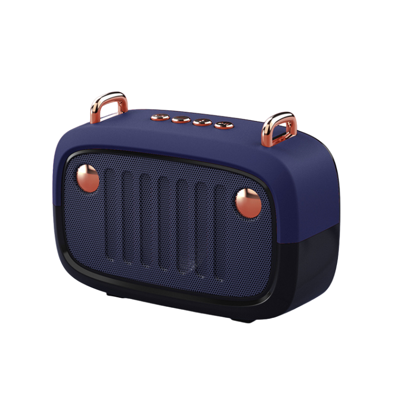 Mini altoparlante bluetooth portatile blu con design cartoon, manici e dettagli in bronzo, ideale per musica FM e subwoofer.