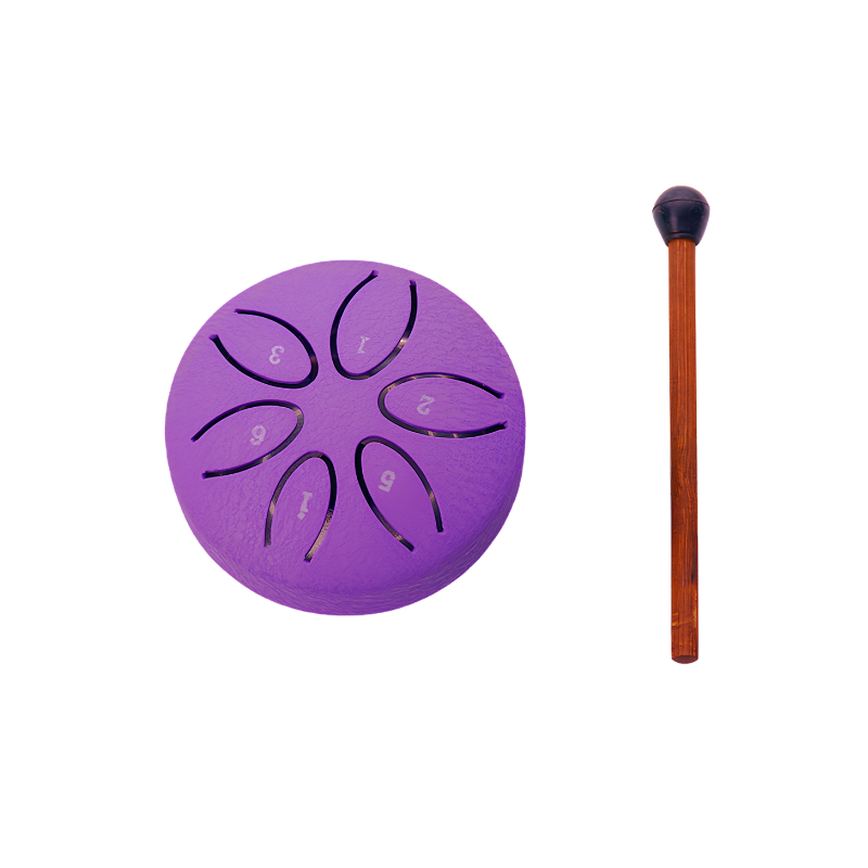 Mini drum etereo viola a 6 toni con bastoncino, strumento musicale portatile per relax e meditazione.