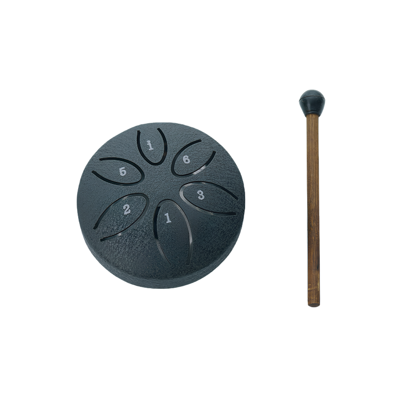 Mini strumento musicale etereo a 6 toni colore nero foglia secca con bacchetta, ideale per musica relax e meditazione.