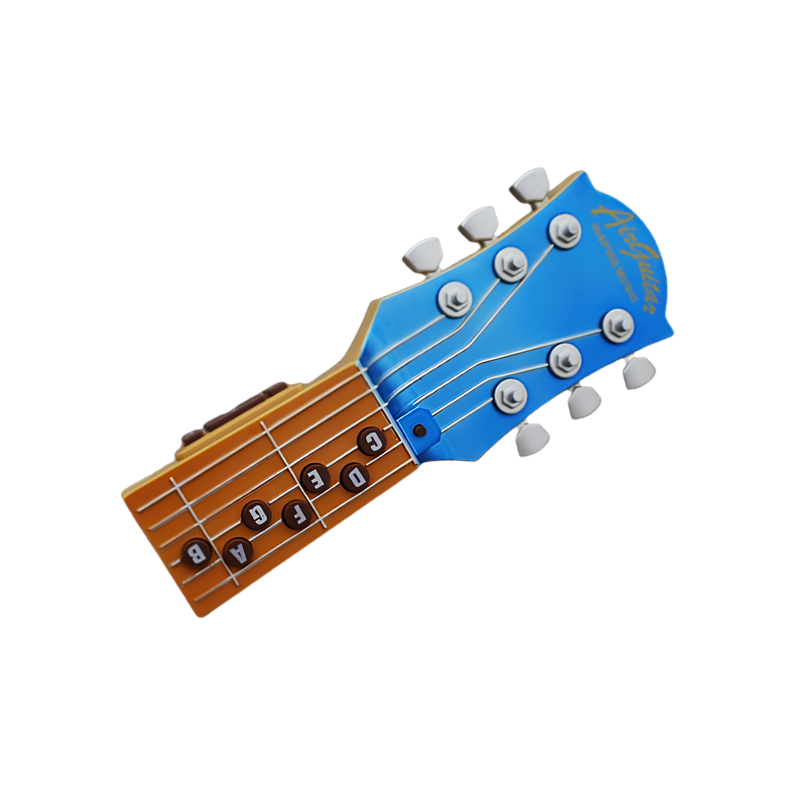 Testa di chitarra elettronica AirGuitar blu con tasti peraccordi A-G e regolatori laterali.