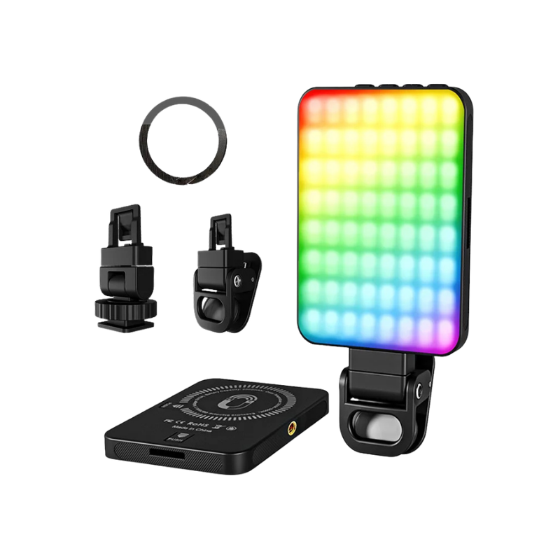 Luce LED portatile RGB con clip magnetica per selfie, streaming e video conferenze, compatibile con iPhone Pro serie 13-17.