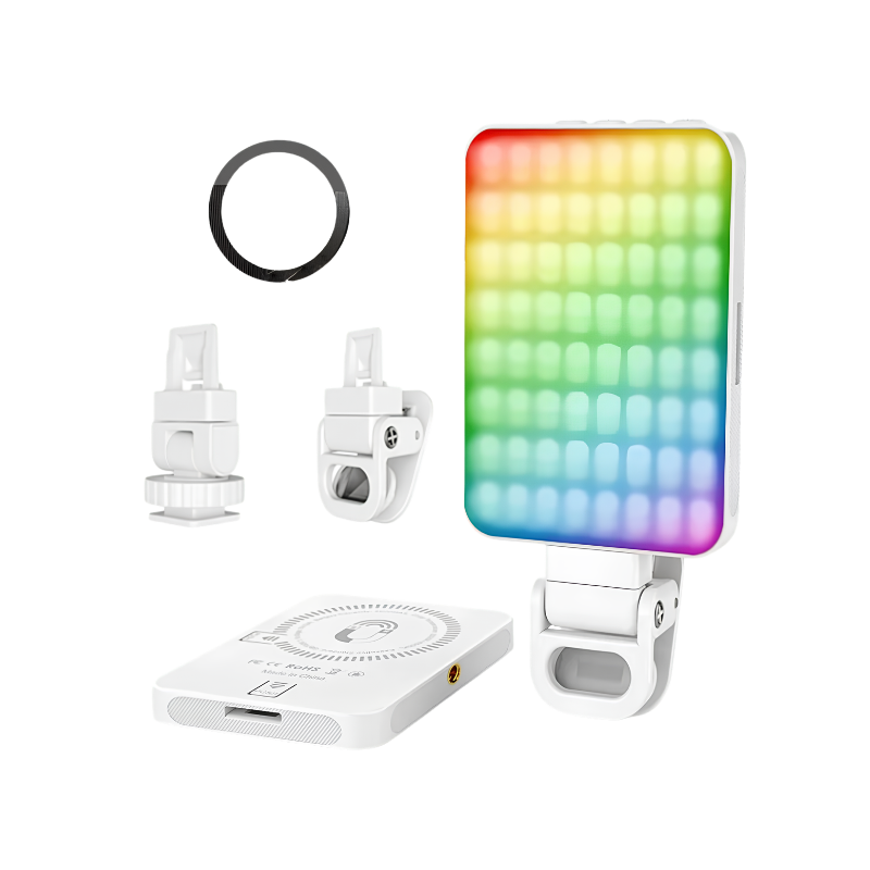 Set luce ring LED magnetica per smartphone con clip, anello e base. Perfetta per selfie, live streaming, vlog e video conferenze con alta qualità cromatica.