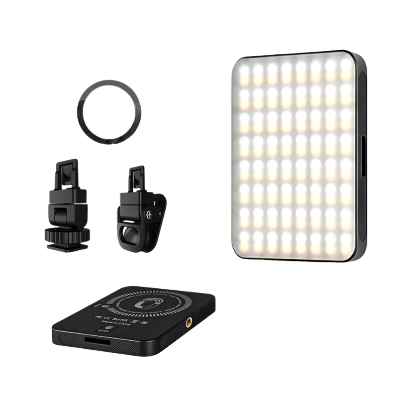 Kit luce LED portatile con pannello illuminato, base magnetica e clip per selfie, streaming e videoconferenze su iPhone.