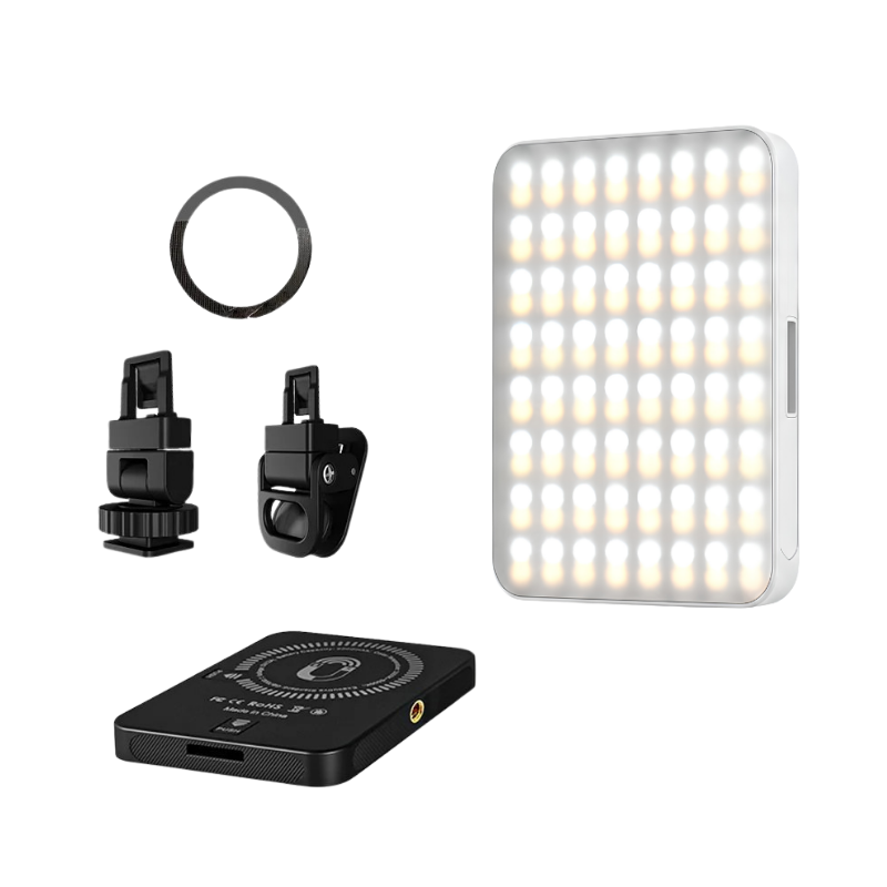 Kit illuminazione LED mini con modulo magnetico e clip per selfie, streaming e video conferenze su iPhone. CRI 97+ alta qualità.