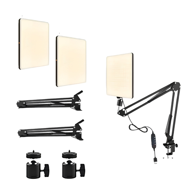 Set luci LED pannello con braccio articolato a molla e morsetti per streaming, selfie e foto in studio.