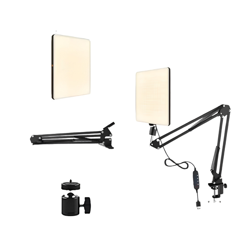 Lampada LED pannello con braccio telescopico a forbice, ideale per studio foto, selfie, conferenze e streaming live.